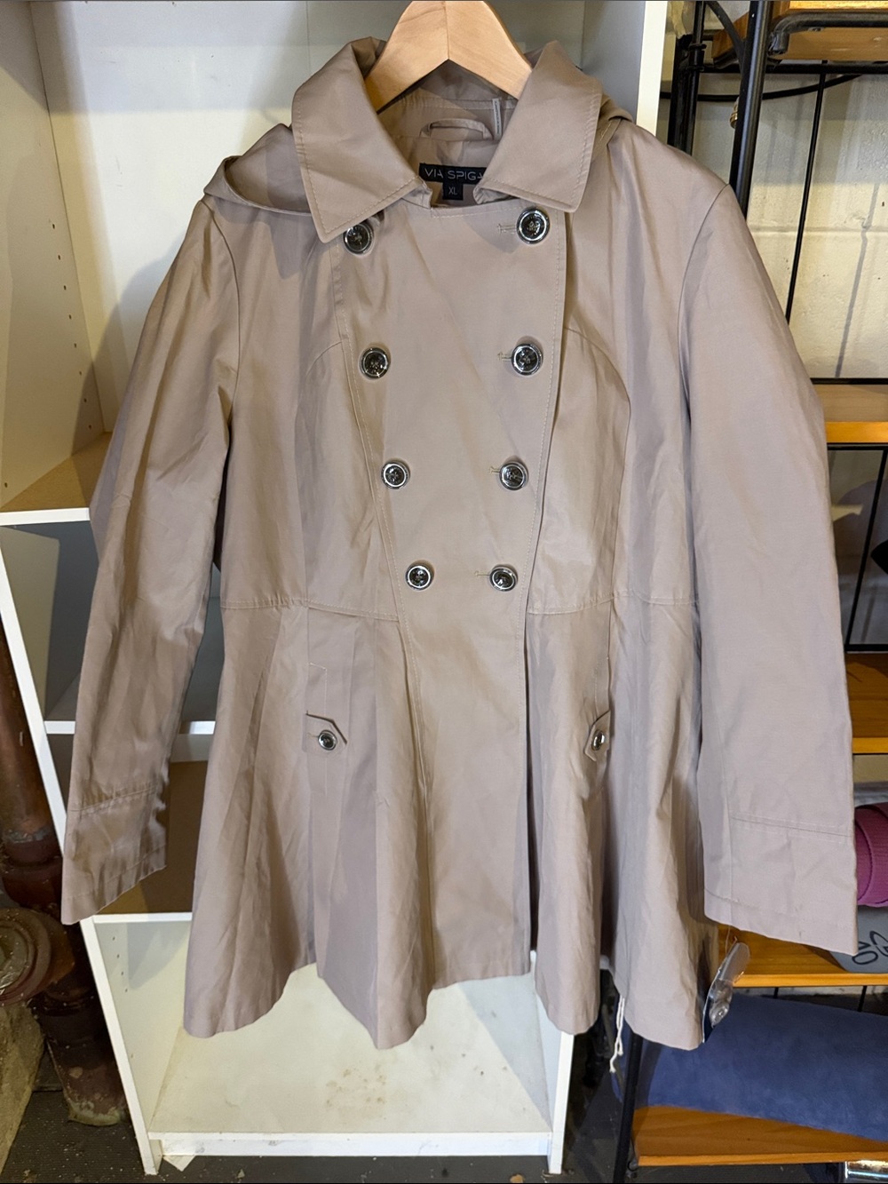 Via Spiga Taupe Double-Breasted Trench Coat with detachable hood